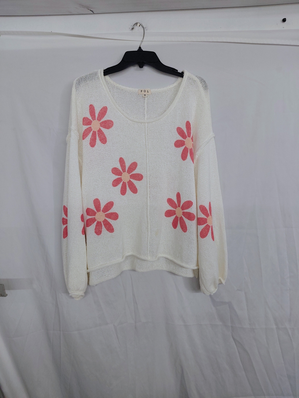 POL Cream Scoop-Neck Sweater with Pink Daisy Motif